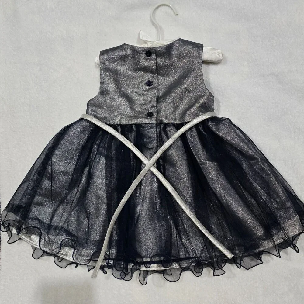 Rosenau Baby Dress Set 18M Silver Metallic Bodice Navy Mesh Skirt Bloomers EUC